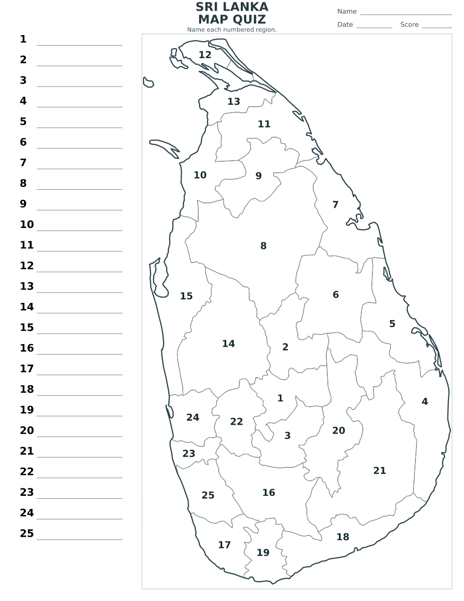 Quiz des districts : Sri Lanka avec 25 districts avec numéros.