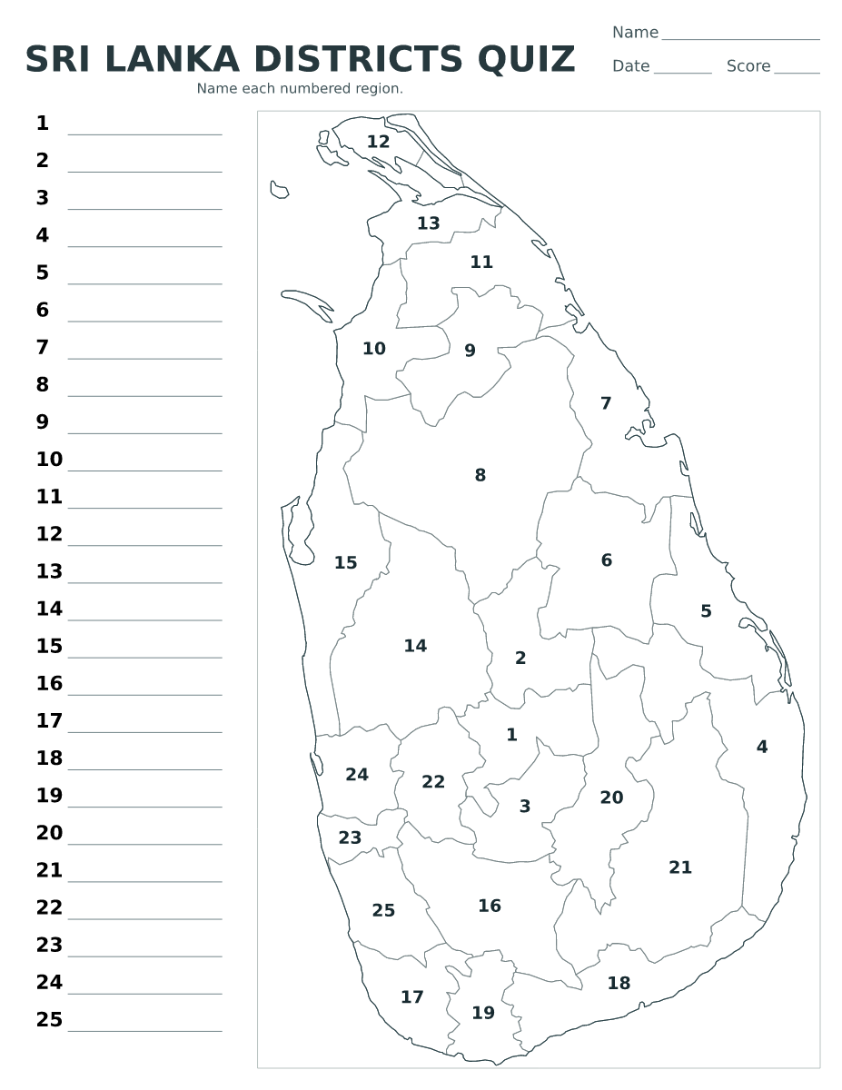 Cuestionario de distritos: Sri Lanka con 25 distritos con números.