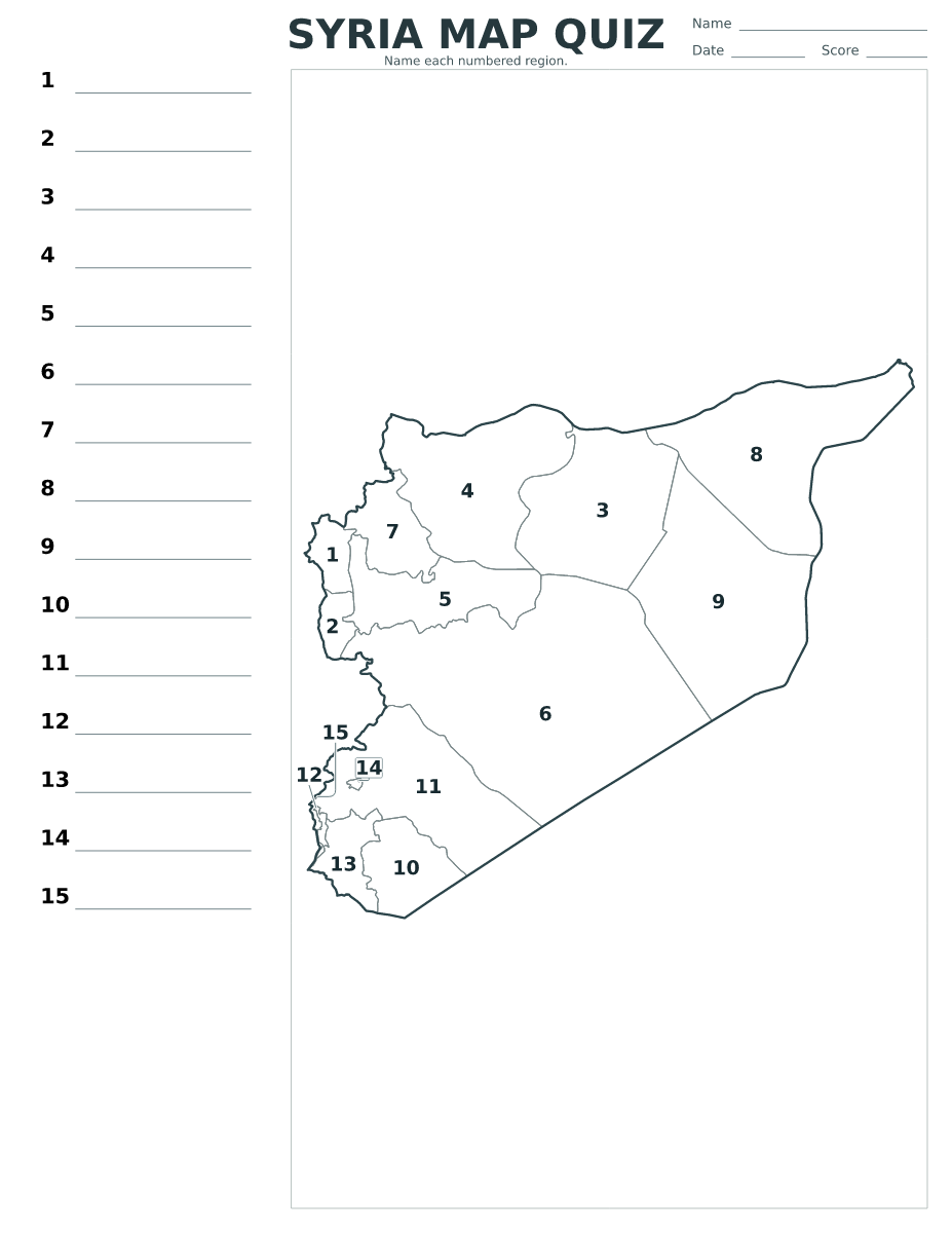 Quiz cartographique imprimable pour Syria avec 15 régions numérotées.