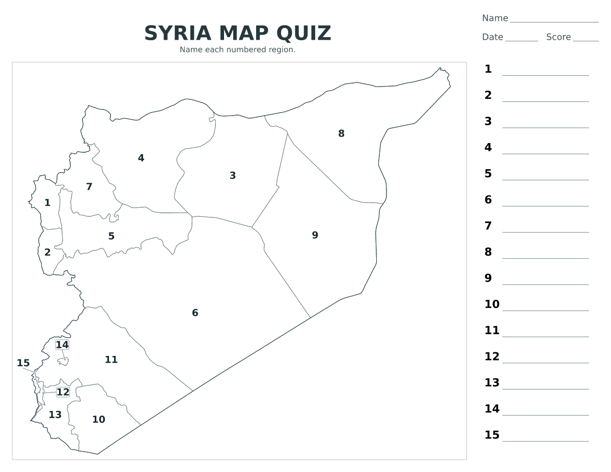 Cuestionario imprimible del mapa de Syria con 15 regiones numeradas.