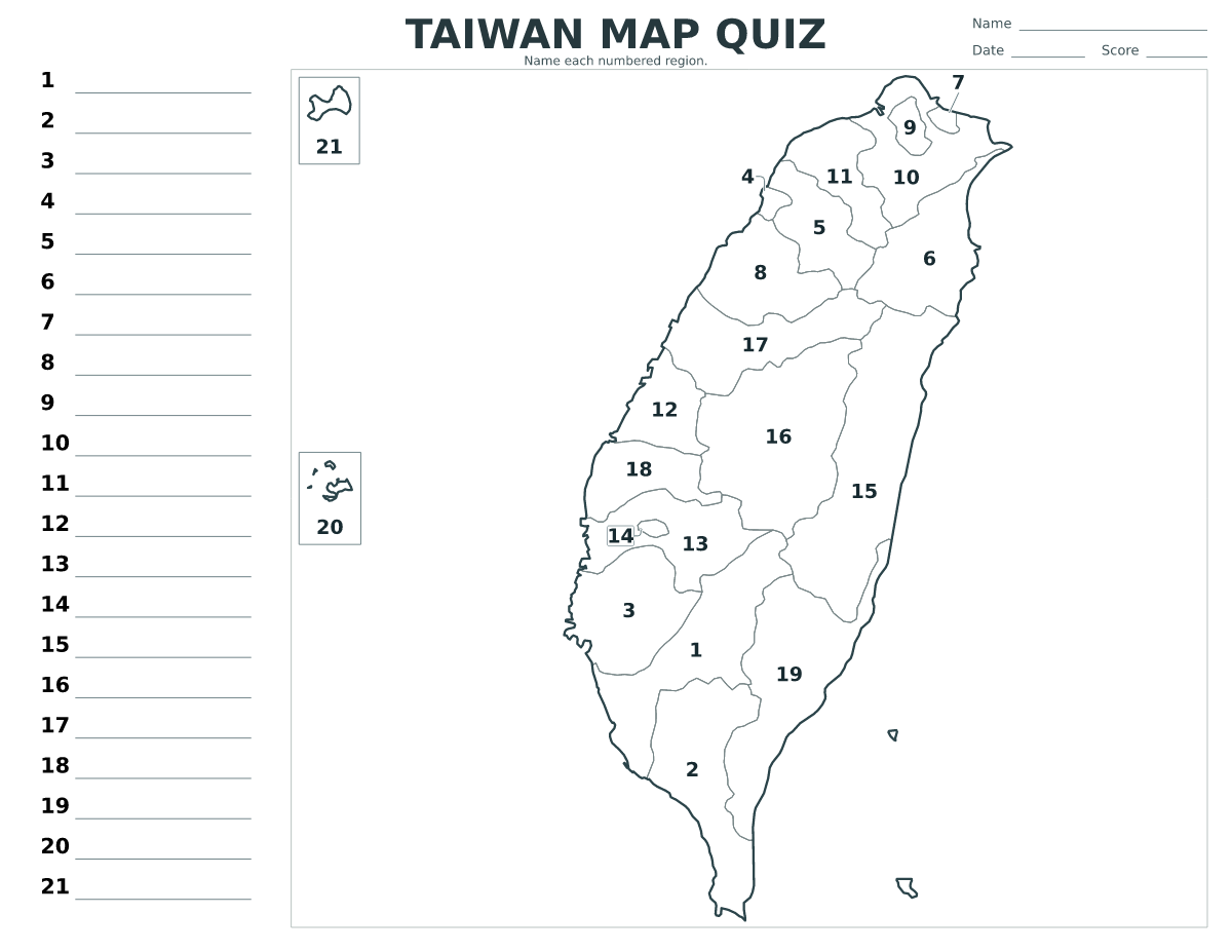Quiz cartographique imprimable pour Taiwan avec 21 régions numérotées.
