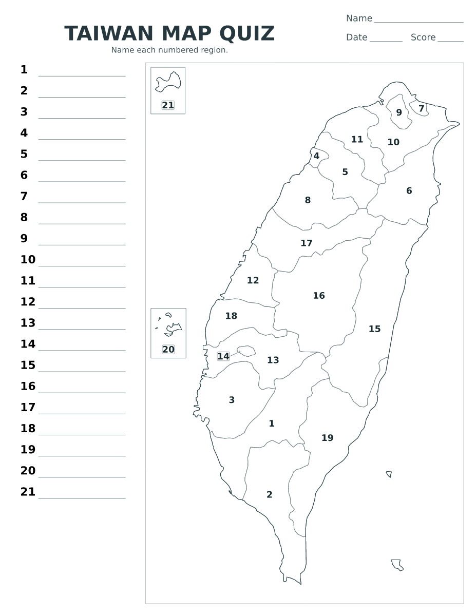 Cuestionario imprimible del mapa de Taiwan con 21 regiones numeradas.