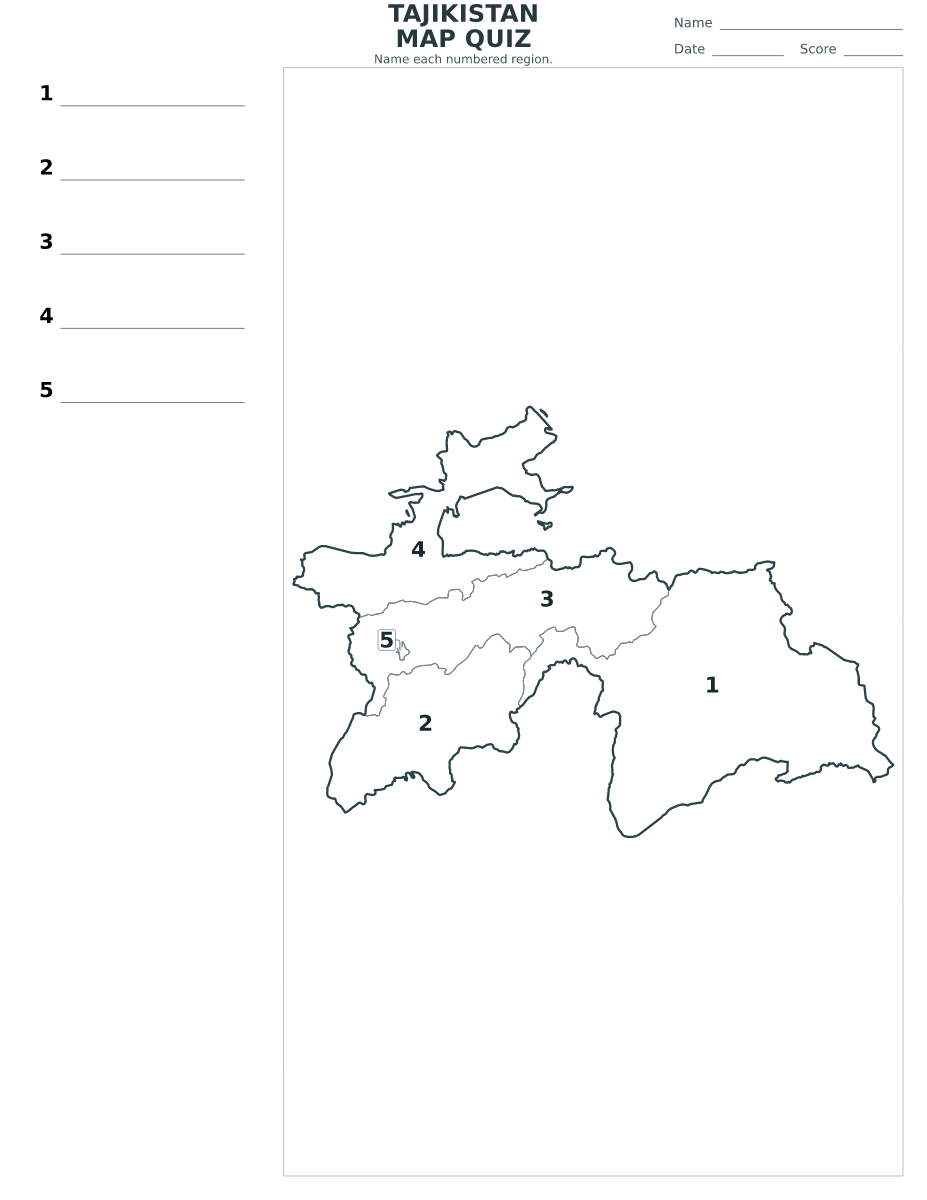 Quiz des villes indépendantes et régions : Tajikistan avec 5 villes indépendantes et régions avec numéros.