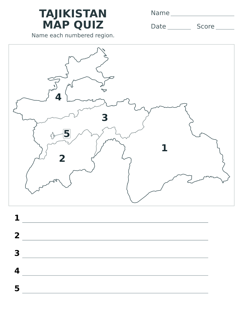 Cuestionario de ciudades independientes y regiones: Tajikistan con 5 ciudades independientes y regiones con números.