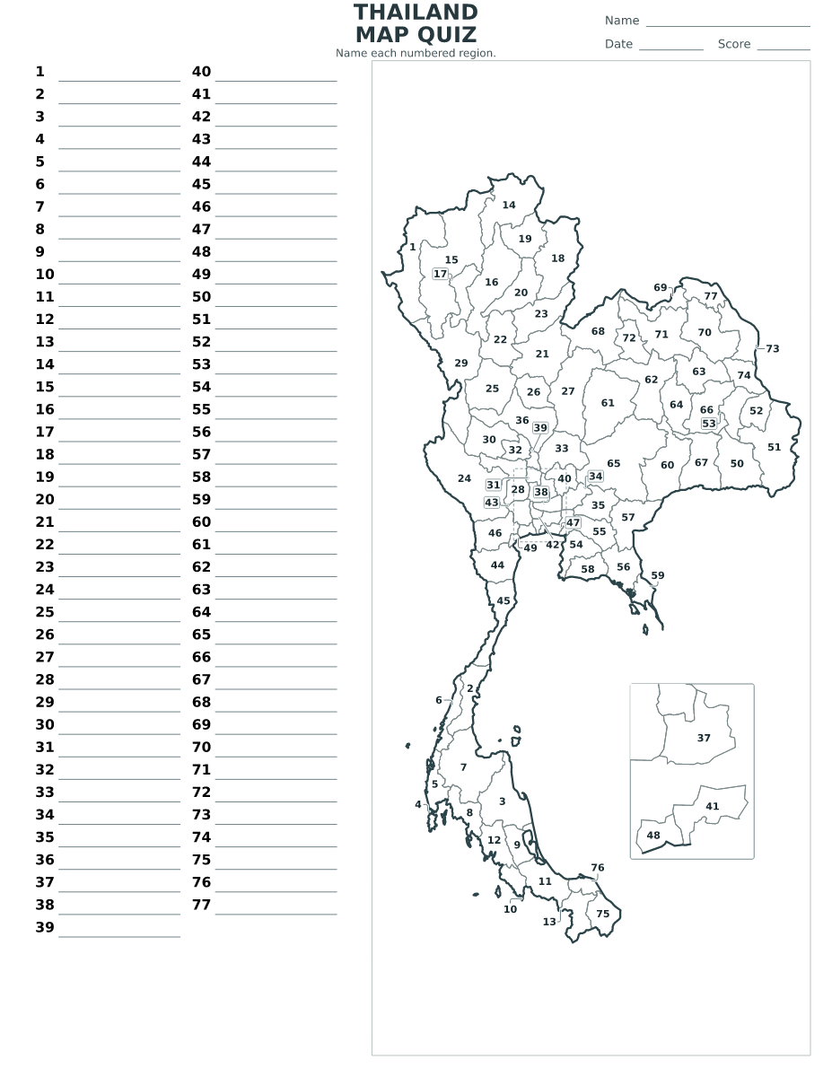 Cuestionario de provincias: Thailand con 77 provincias con números.