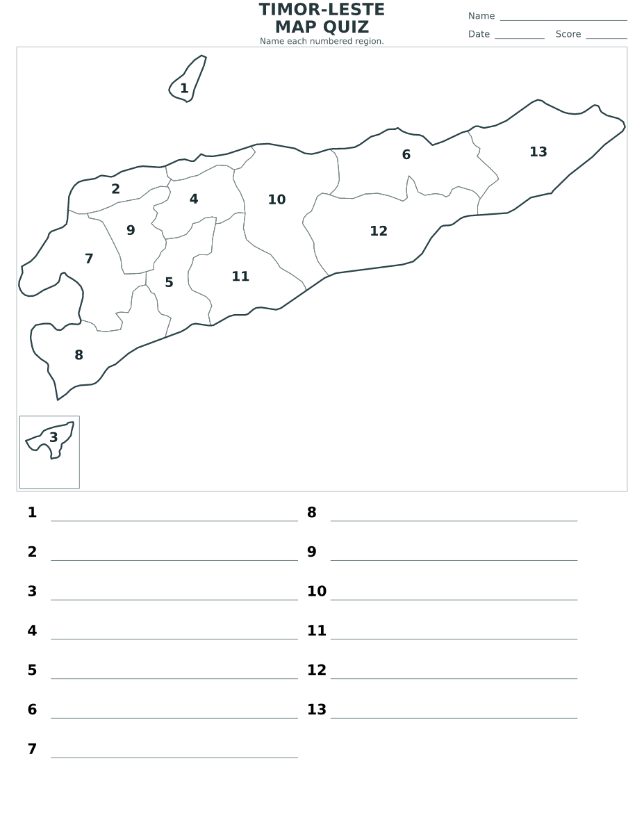 Quiz cartographique imprimable pour Timor-Leste avec 13 régions numérotées.