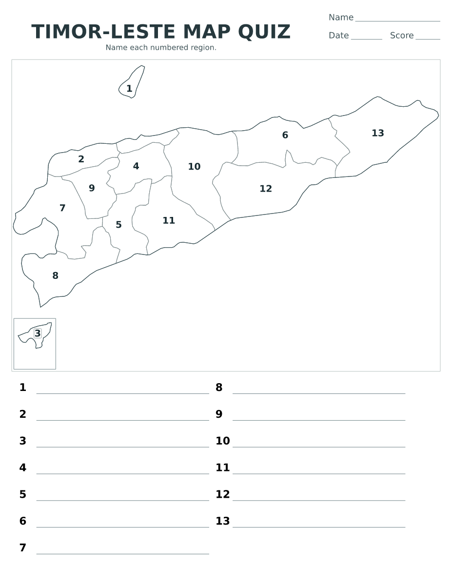 Cuestionario imprimible del mapa de Timor-Leste con 13 regiones numeradas.