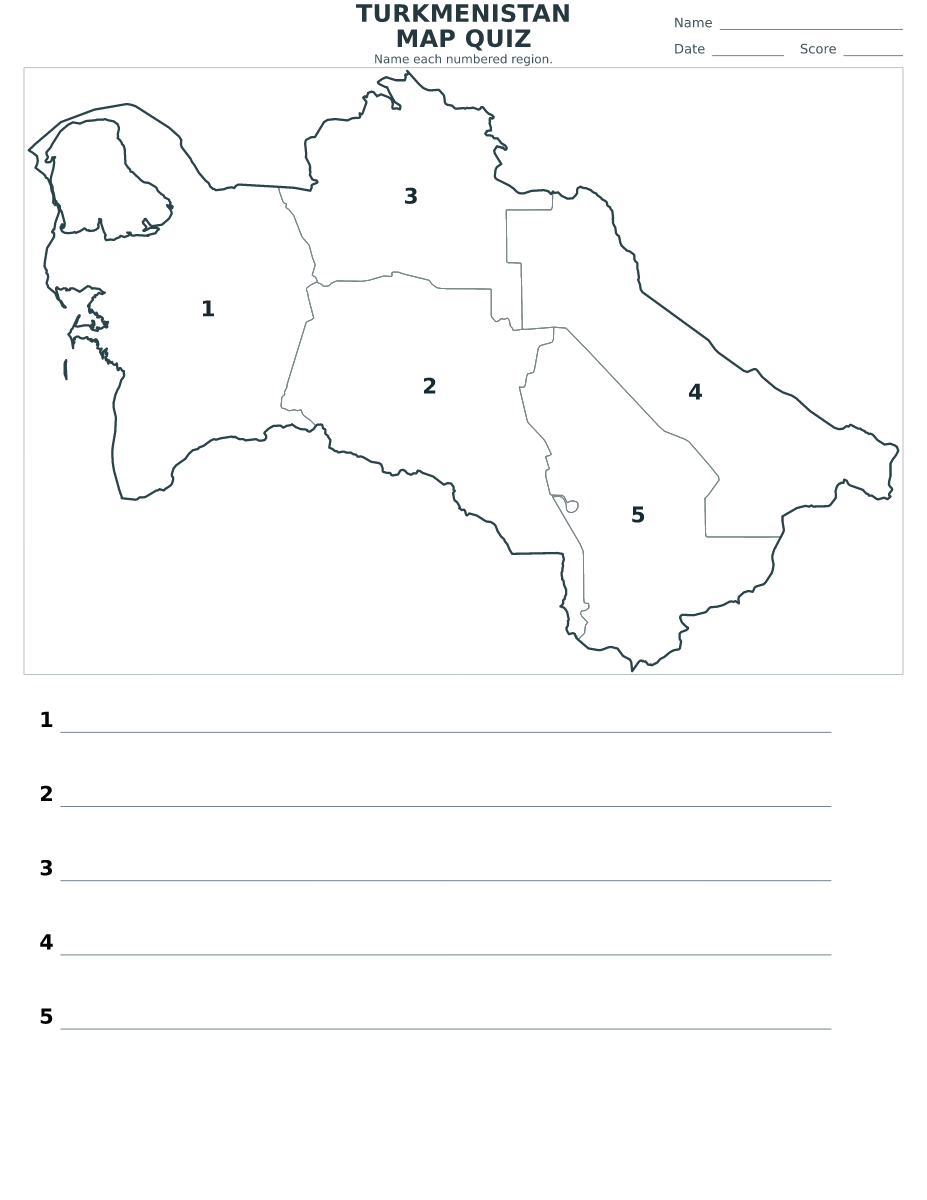 Quiz des provinces : Turkmenistan avec 5 provinces avec numéros.