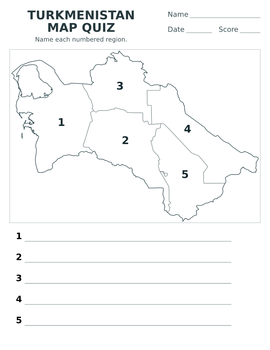 Cuestionario de provincias: Turkmenistan con 5 provincias con números.