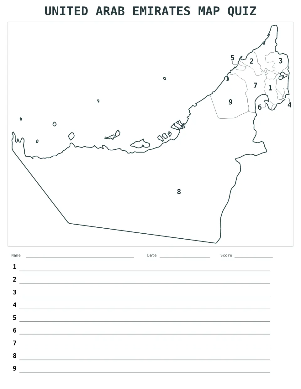 Aperçu de la carte Quiz numéroté de United Arab Emirates