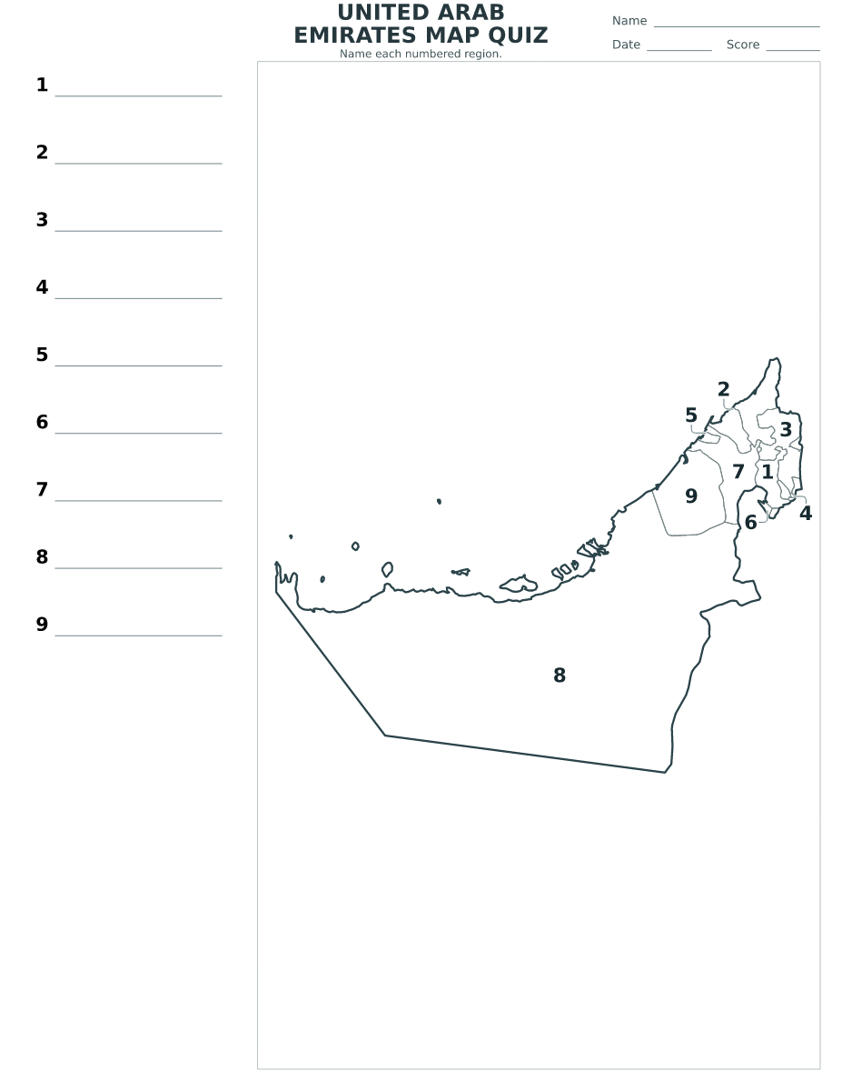 Cuestionario imprimible del mapa de United Arab Emirates con 9 regiones numeradas.