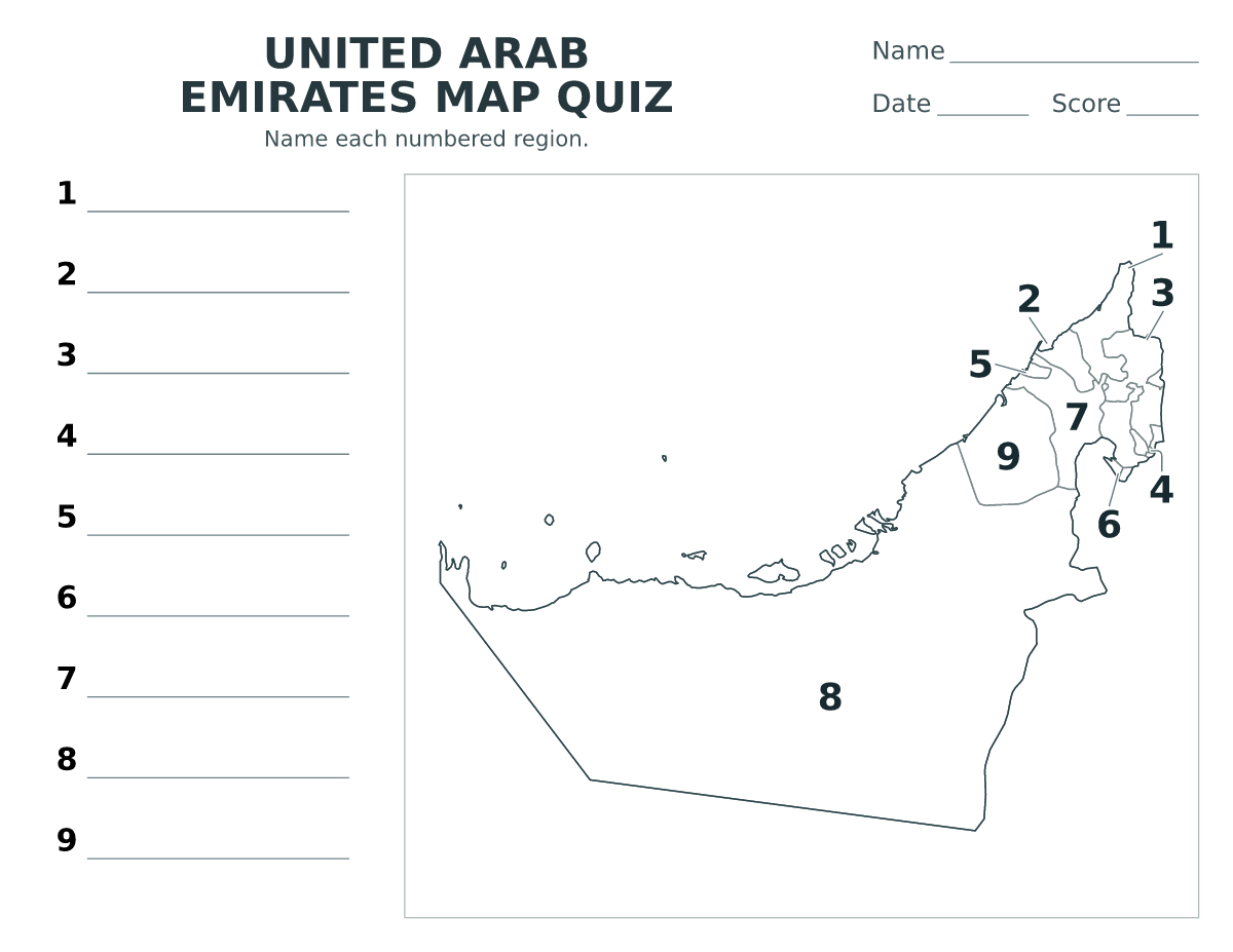 Cuestionario imprimible del mapa de United Arab Emirates con 9 regiones numeradas.