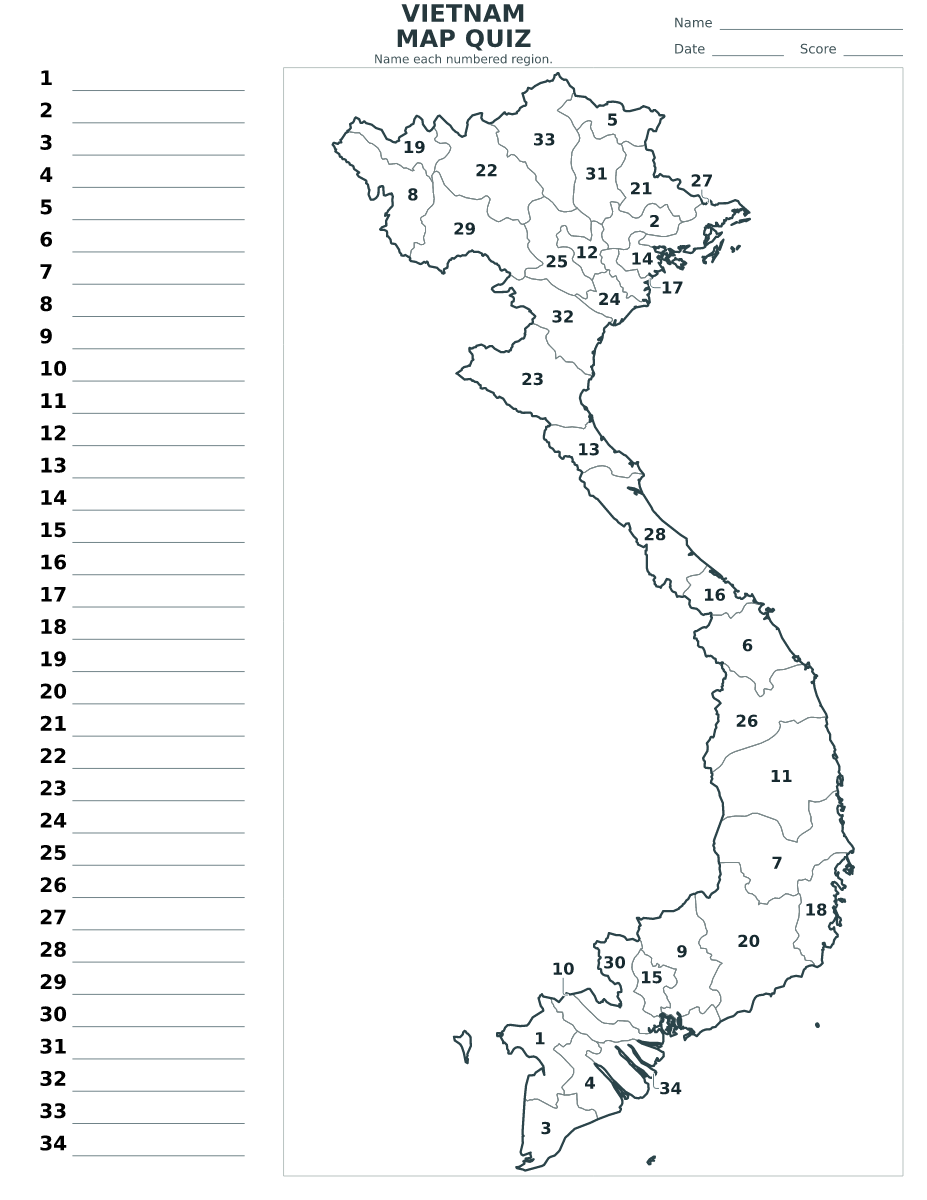 Quiz cartographique imprimable pour Vietnam avec 34 régions numérotées.