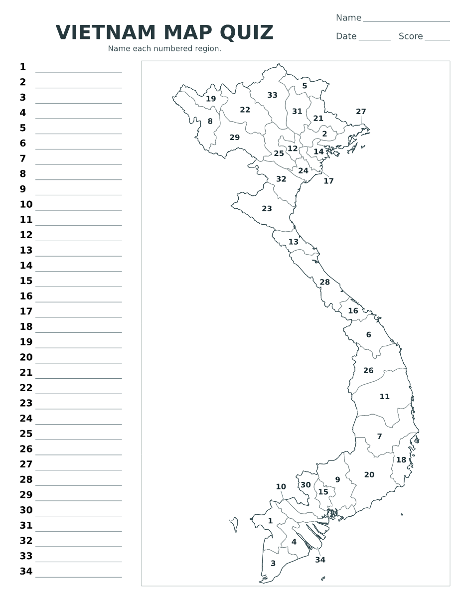 Cuestionario imprimible del mapa de Vietnam con 34 regiones numeradas.