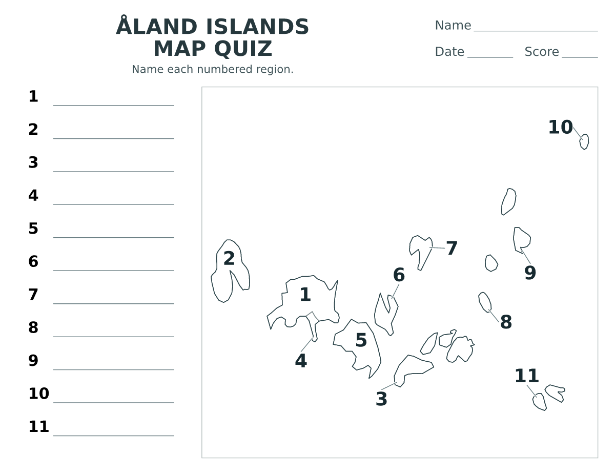 Cuestionario imprimible del mapa de Åland Islands con 11 regiones numeradas.