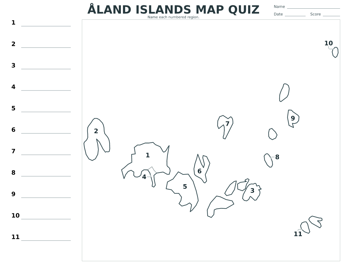 Cuestionario imprimible del mapa de Åland Islands con 11 regiones numeradas.