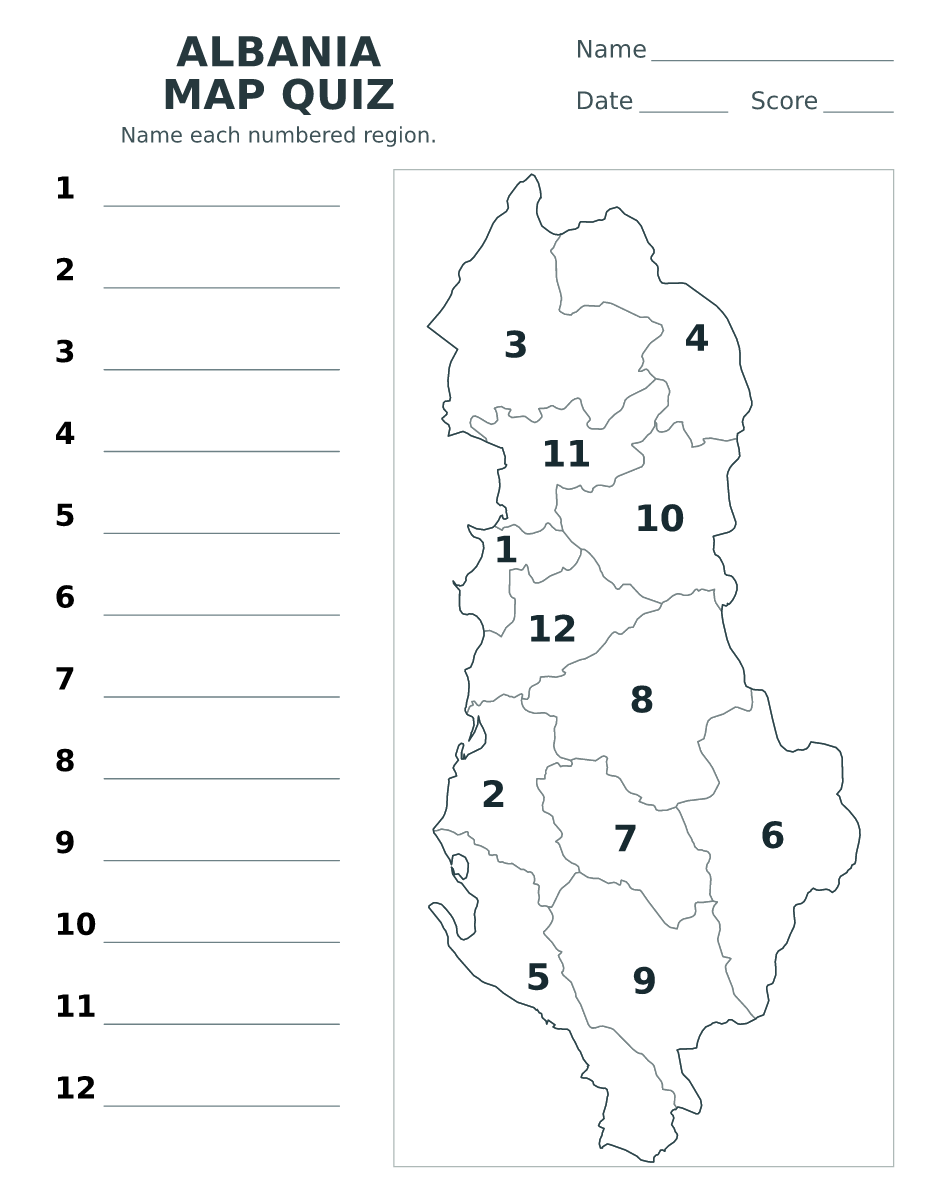 Cuestionario de condados: Albania con 12 condados con números.