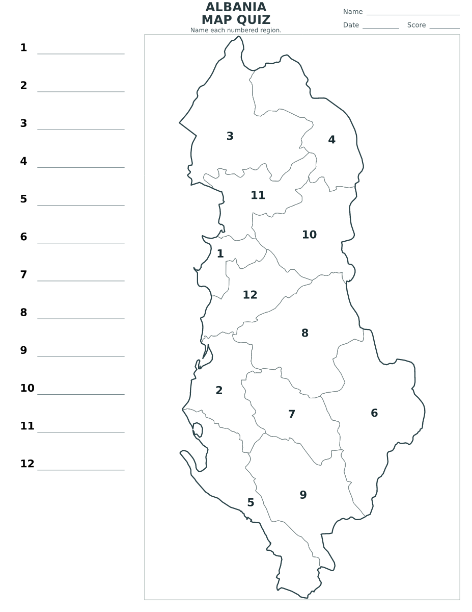 Cuestionario de condados: Albania con 12 condados con números.