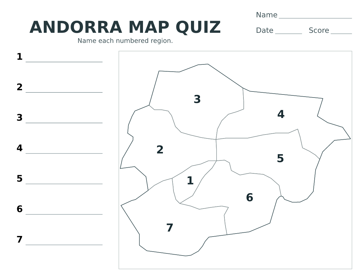 Cuestionario imprimible del mapa de Andorra con 7 regiones numeradas.