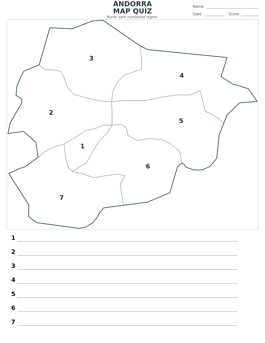 Cuestionario imprimible del mapa de Andorra con 7 regiones numeradas.