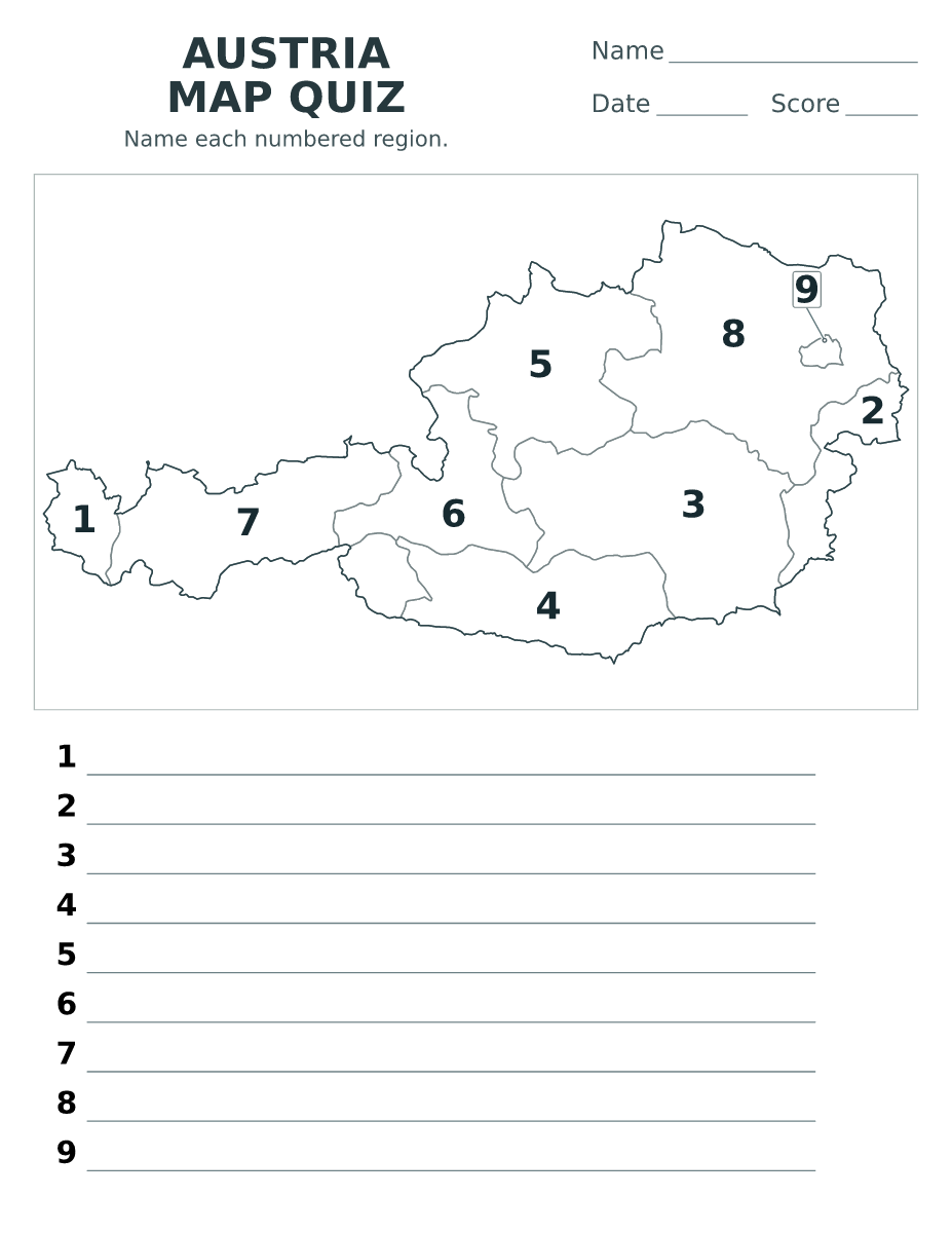 Cuestionario de estados: Austria con 9 estados con números.