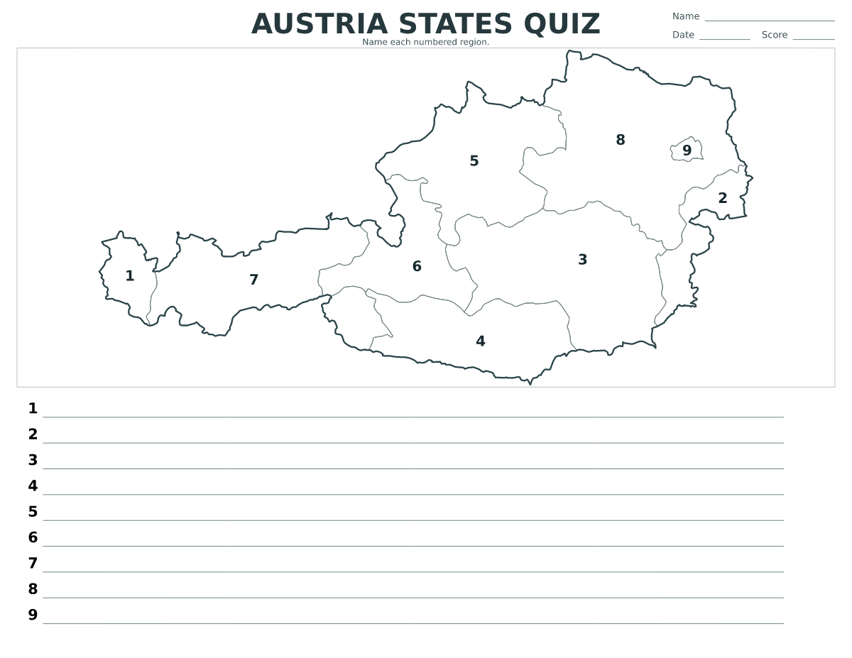 Cuestionario de estados: Austria con 9 estados con números.