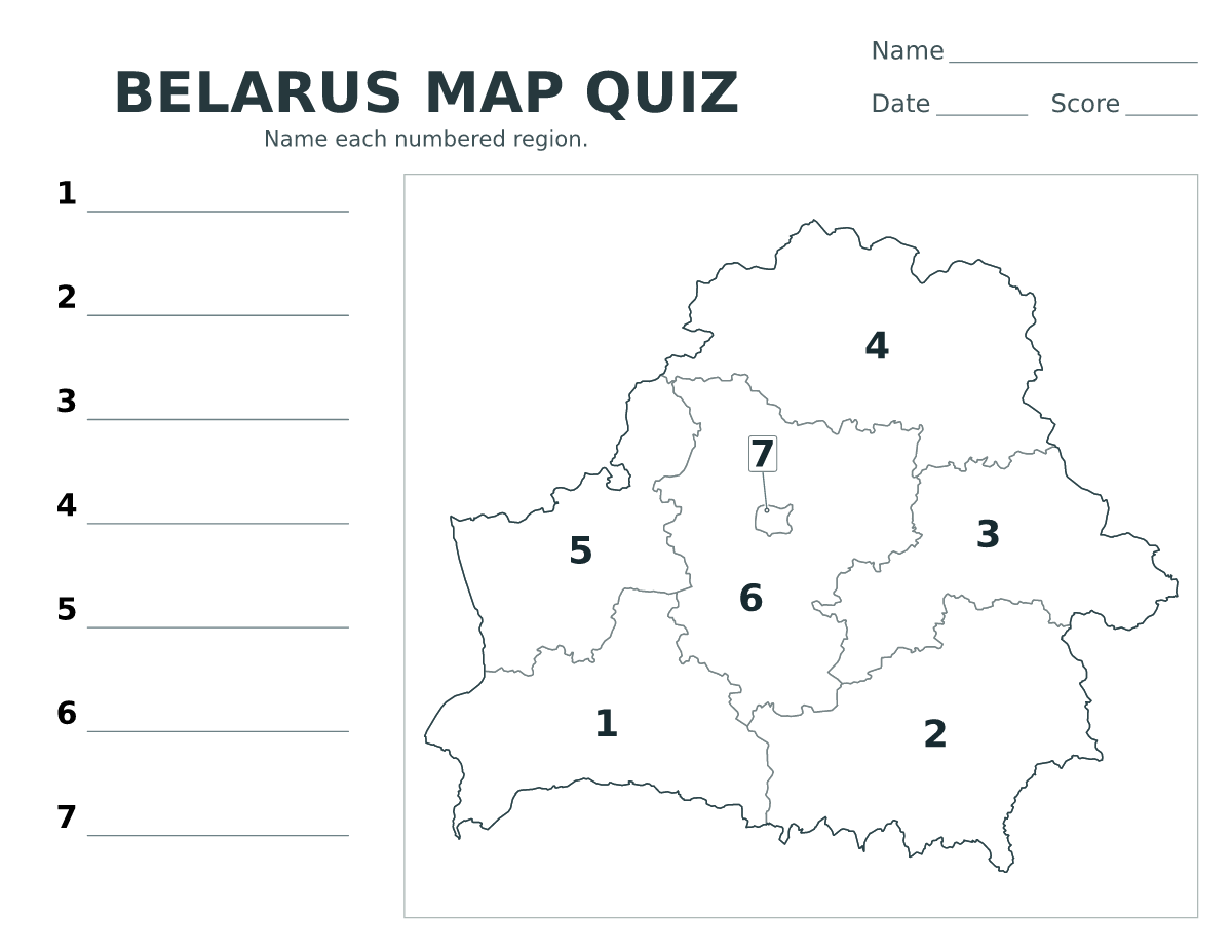 Cuestionario de municipios y regiones: Belarus con 7 municipios y regiones con números.