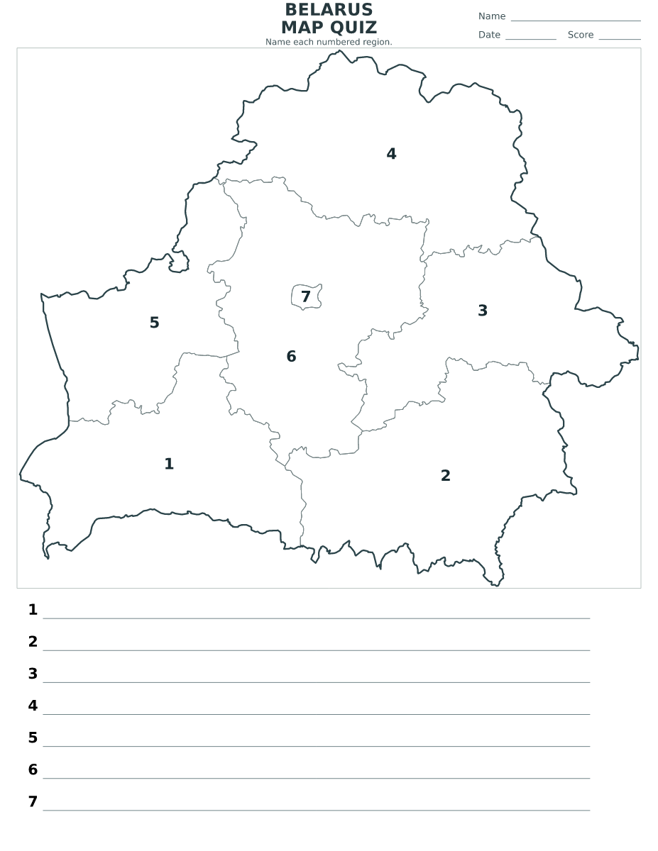 Cuestionario de municipios y regiones: Belarus con 7 municipios y regiones con números.