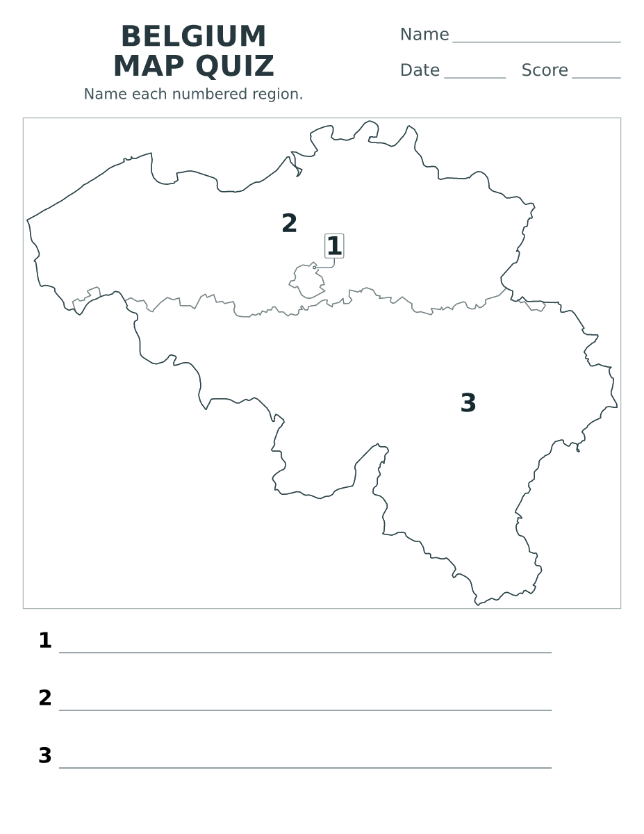 Cuestionario de regiones: Belgium con 3 regiones con números.