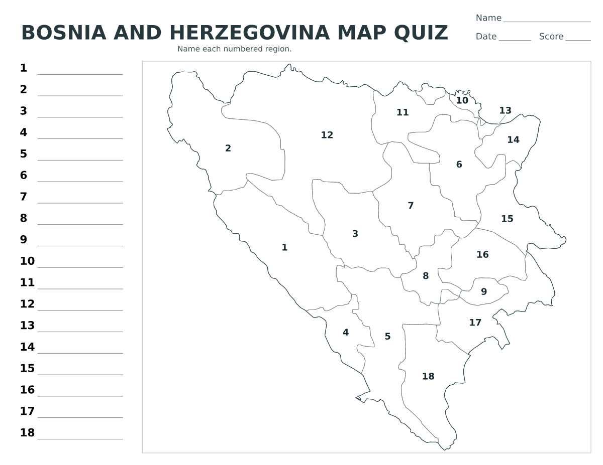 Cuestionario imprimible del mapa de Bosnia and Herzegovina con 18 regiones numeradas.