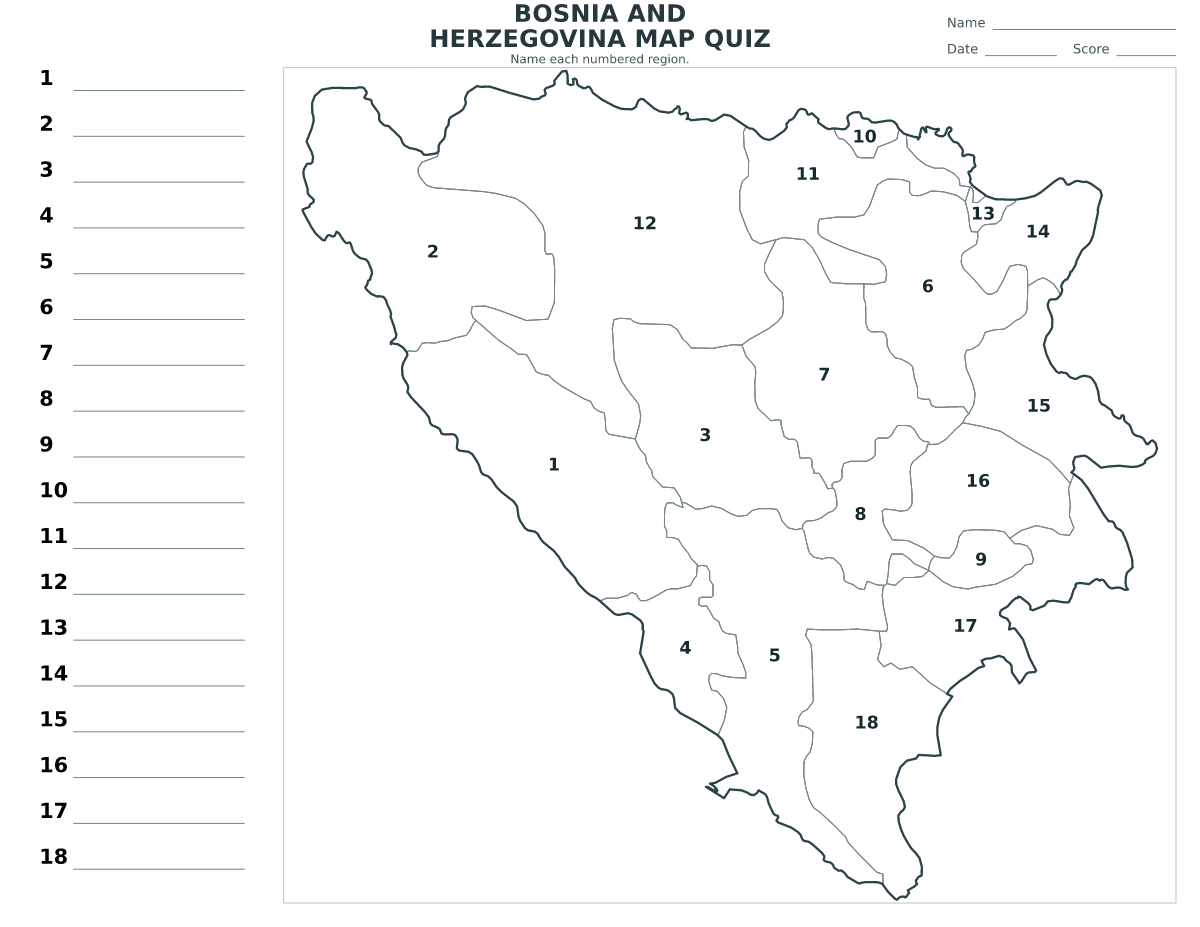 Cuestionario imprimible del mapa de Bosnia and Herzegovina con 18 regiones numeradas.