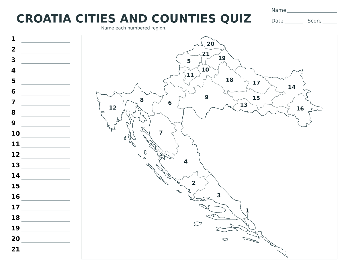 Cuestionario de ciudades y condados: Croatia con 21 ciudades y condados con números.