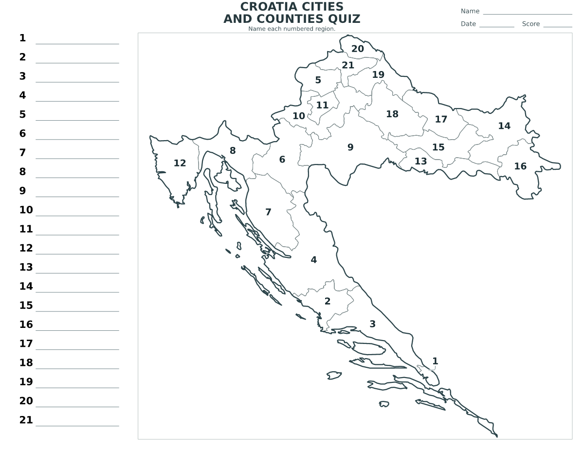 Cuestionario de ciudades y condados: Croatia con 21 ciudades y condados con números.