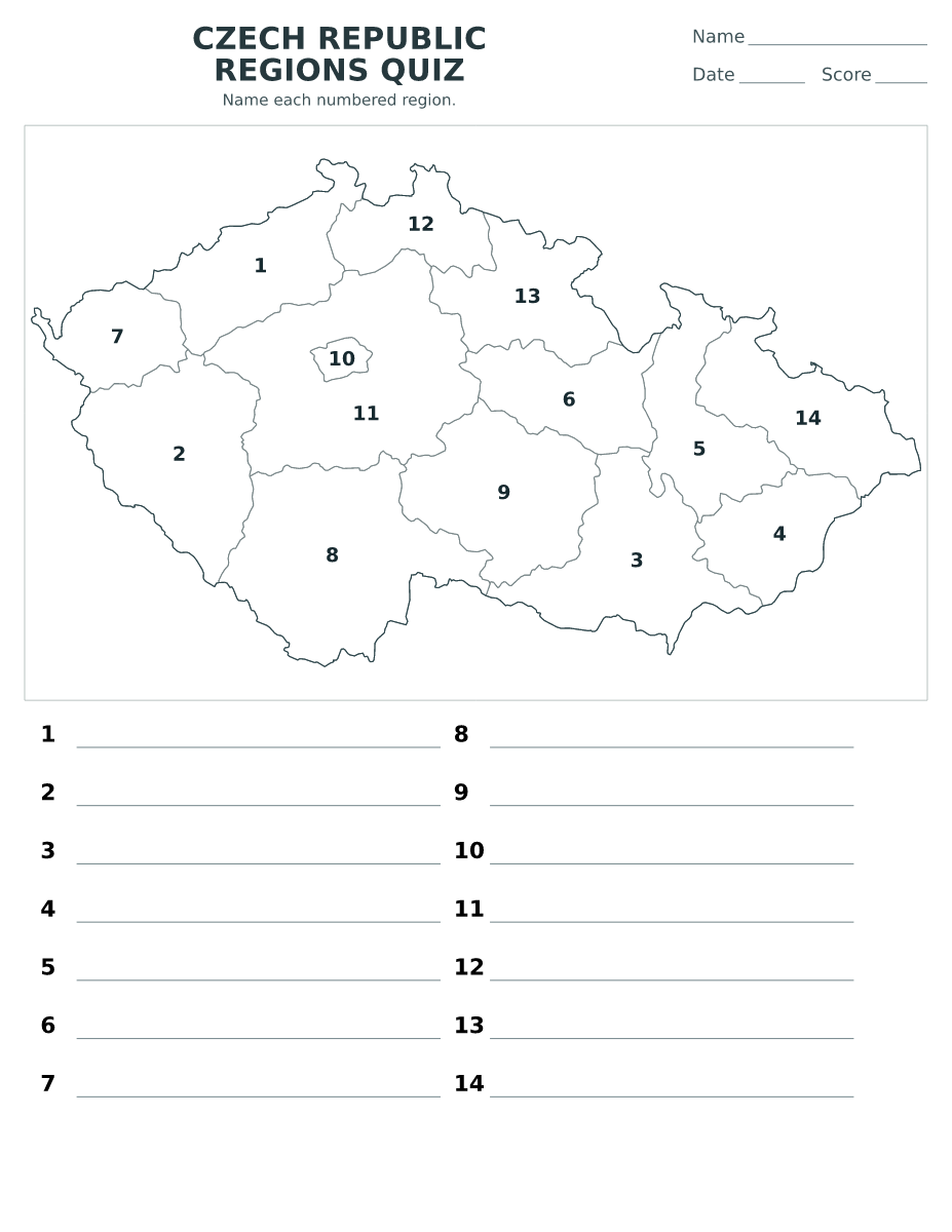 Cuestionario de regiones: Czech Republic con 14 regiones con números.