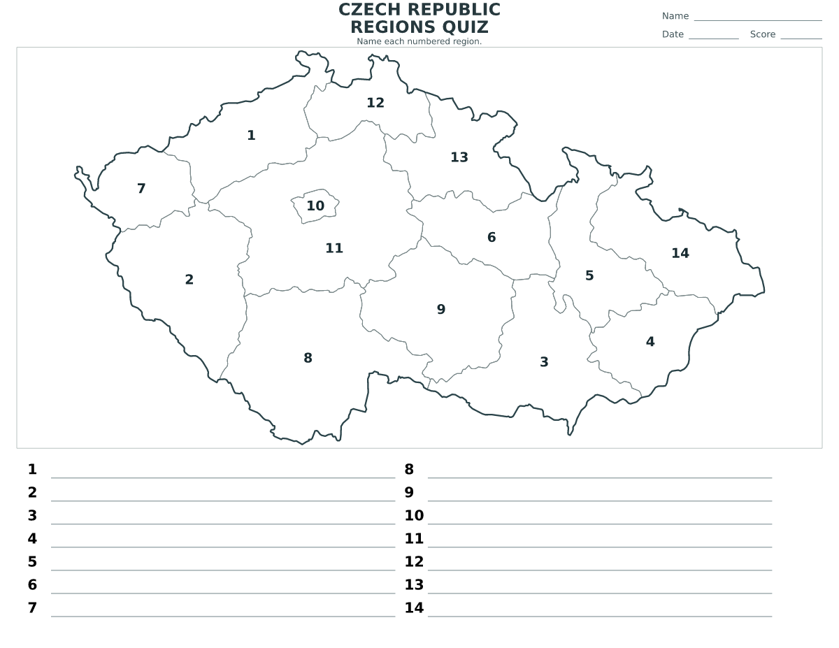 Cuestionario de regiones: Czech Republic con 14 regiones con números.