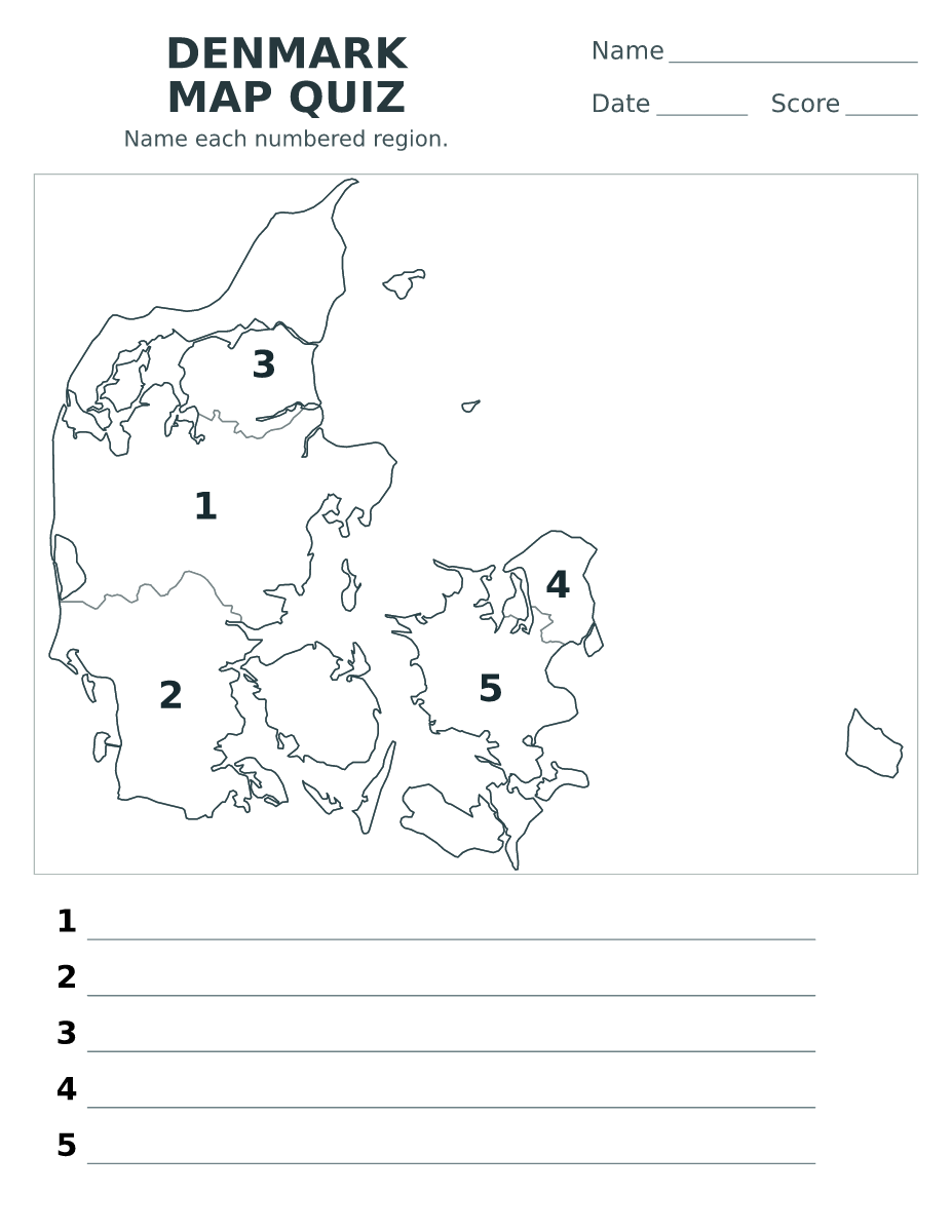 Cuestionario de regiones: Denmark con 5 regiones con números.