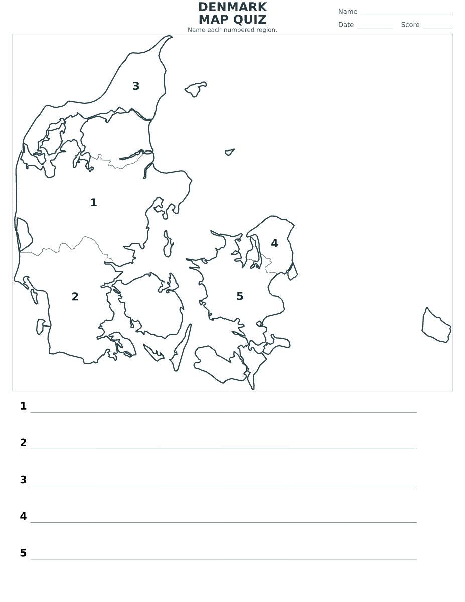 Quiz des régions : Denmark avec 5 régions avec numéros.