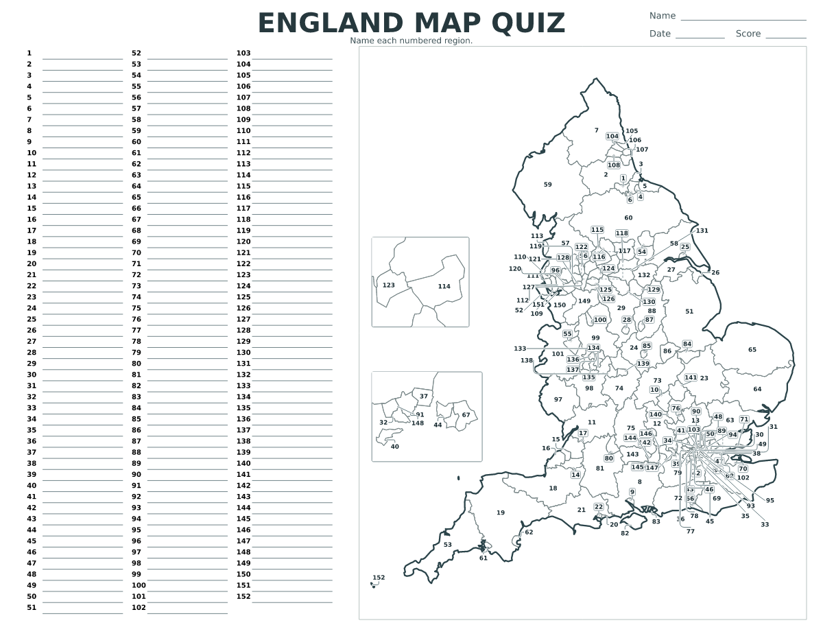 Quiz cartographique imprimable pour England avec 152 régions numérotées.