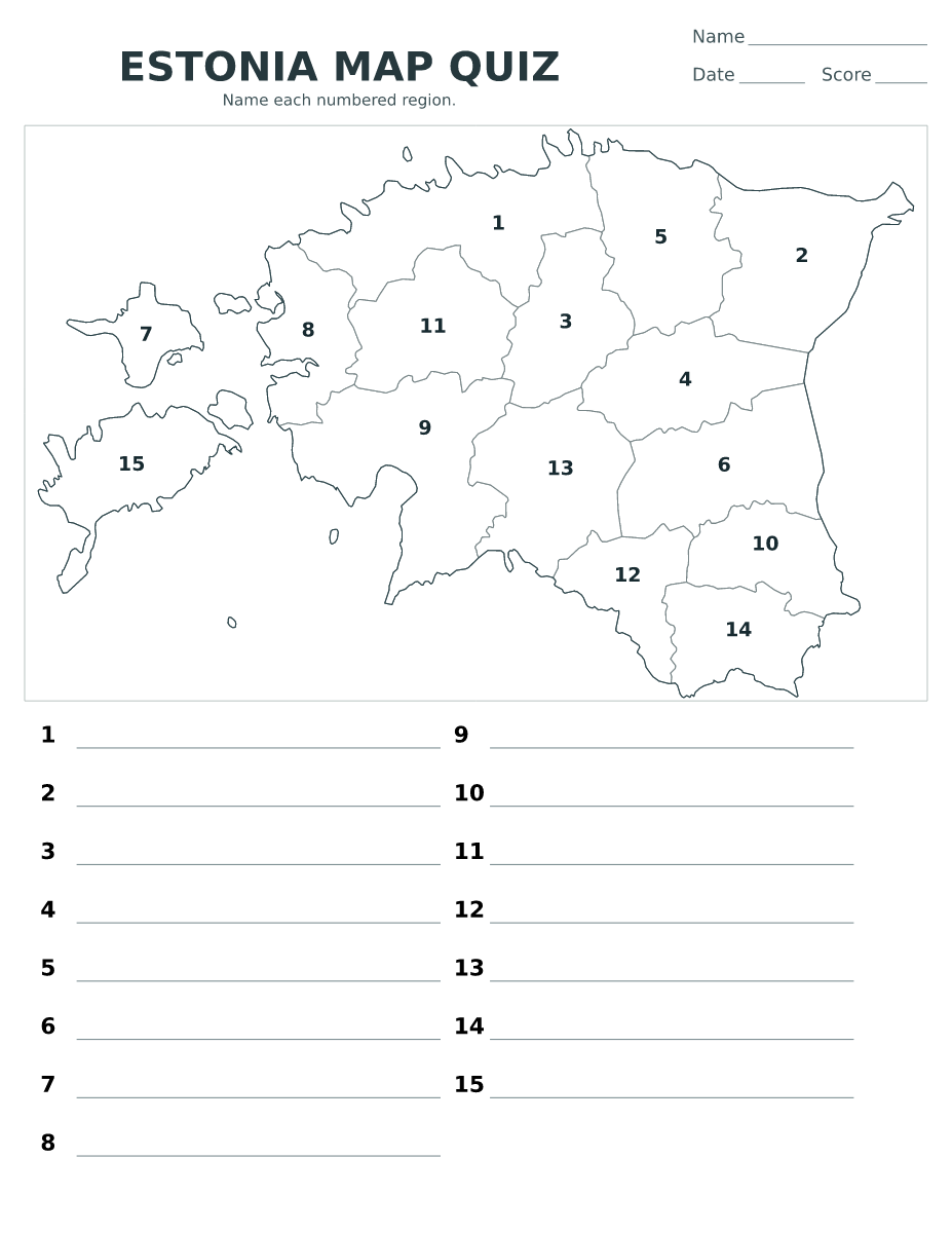 Cuestionario de condados y municipios: Estonia con 15 condados y municipios con números.