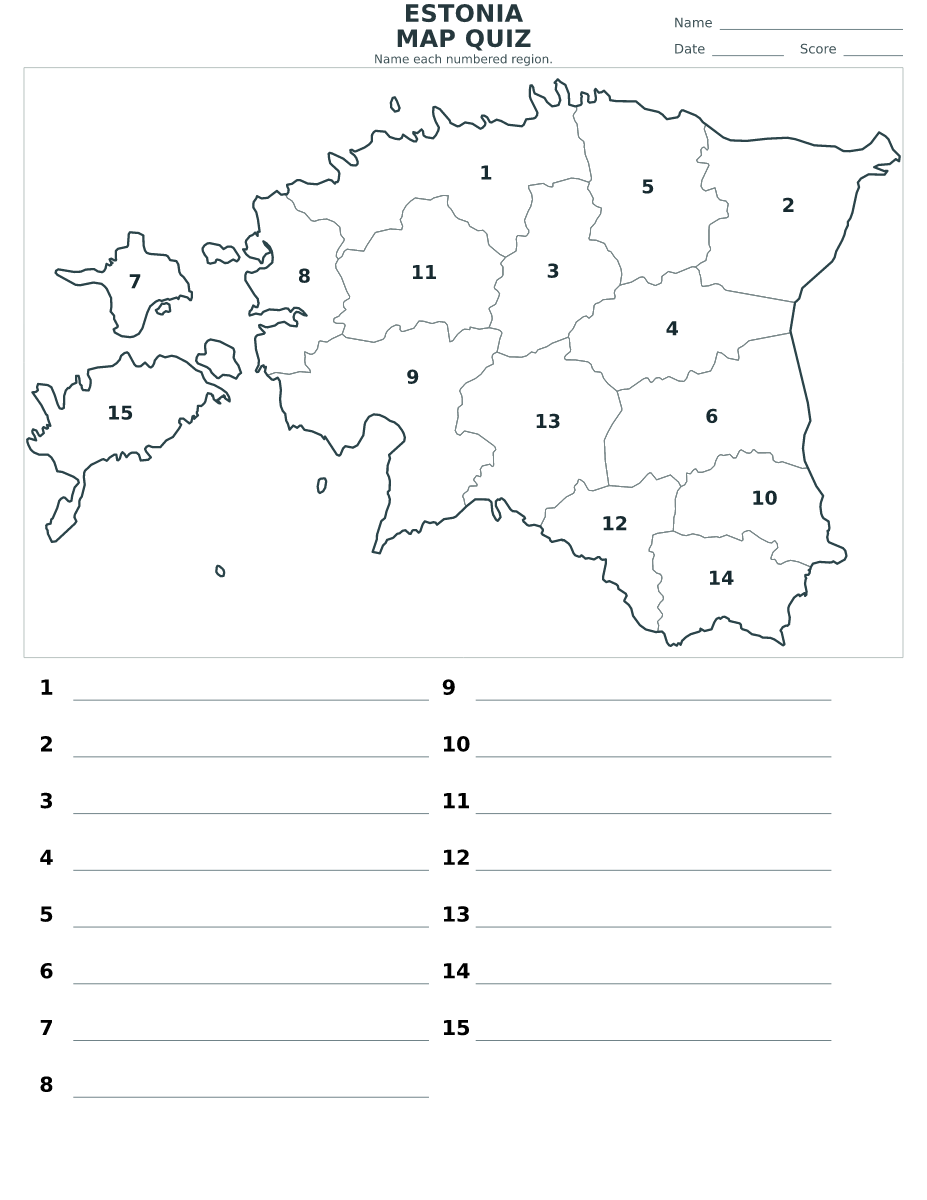 Quiz des comtés et municipalités : Estonia avec 15 comtés et municipalités avec numéros.