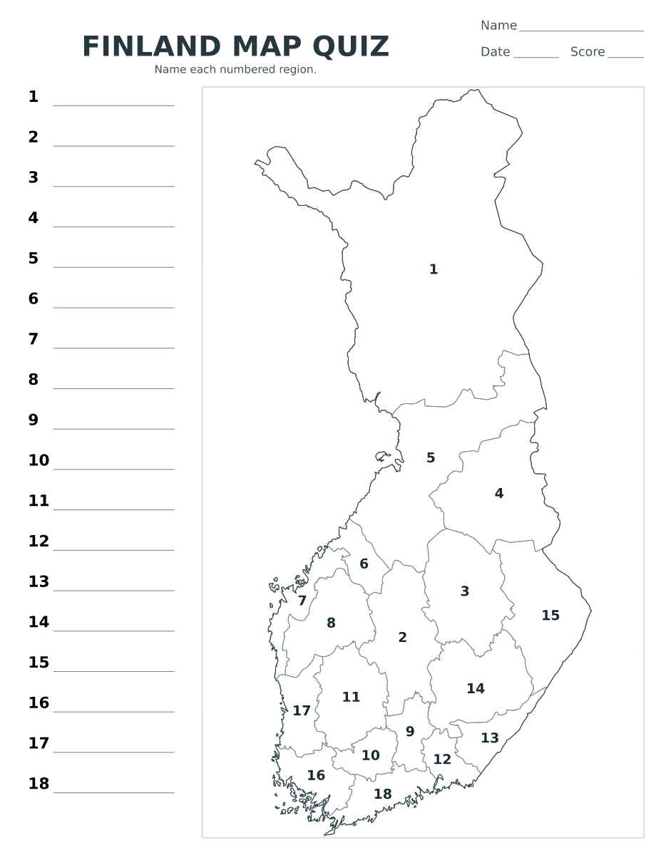 Cuestionario de provincias y regiones: Finland con 18 provincias y regiones con números.