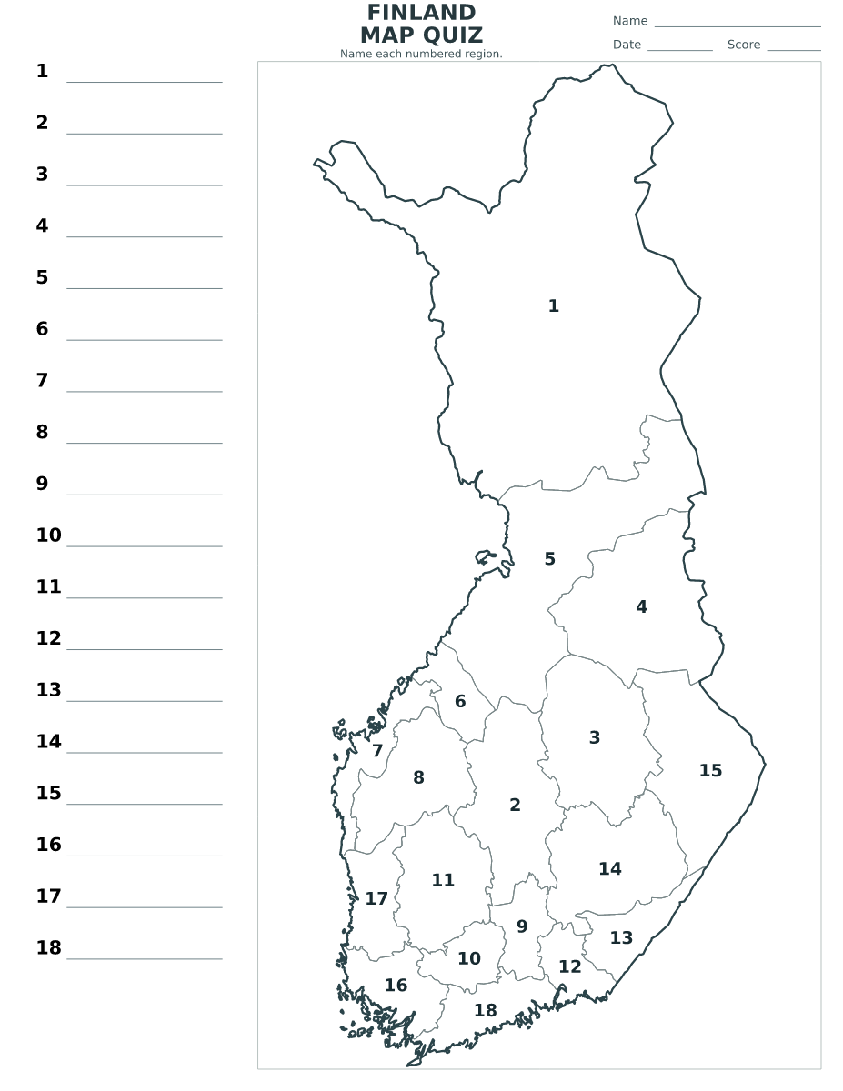 Cuestionario de provincias y regiones: Finland con 18 provincias y regiones con números.