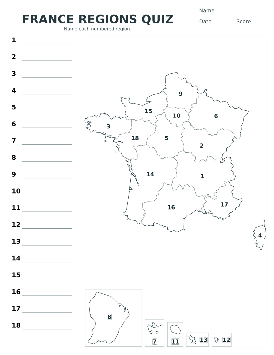 Cuestionario de regiones: France con 18 regiones con números.