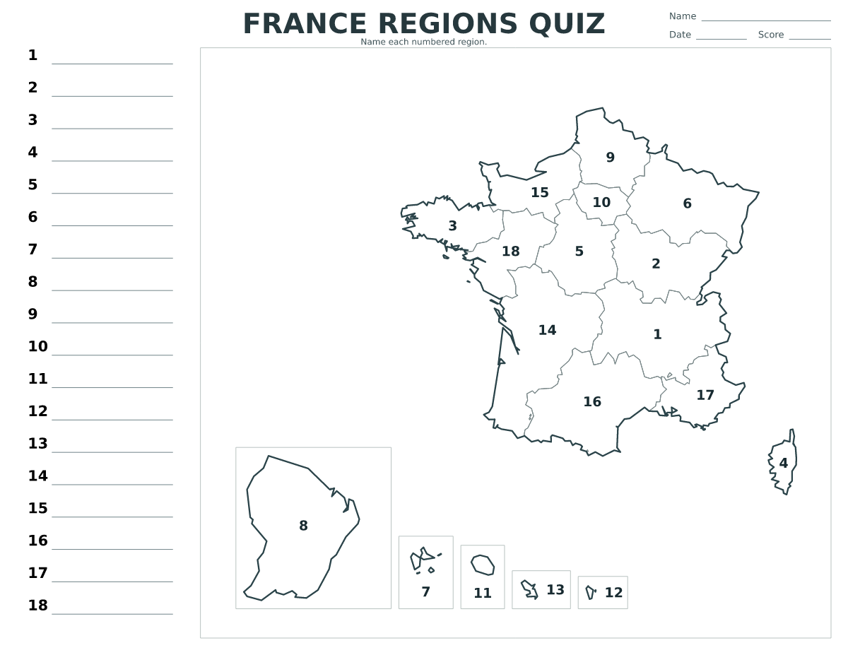 Quiz des régions : France avec 18 régions avec numéros.
