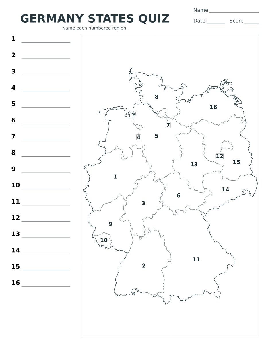 Cuestionario de estados: Germany con 16 estados con números.