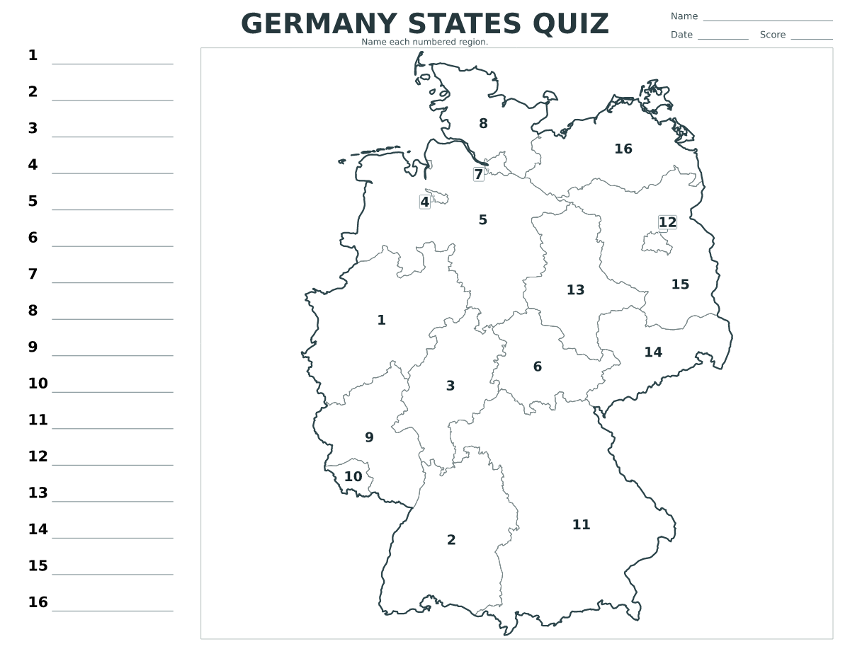 Cuestionario de estados: Germany con 16 estados con números.