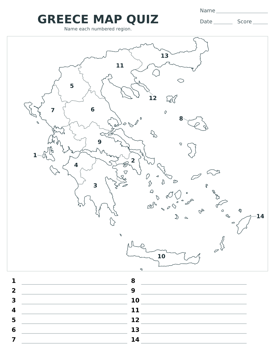 Cuestionario imprimible del mapa de Greece con 14 regiones numeradas.