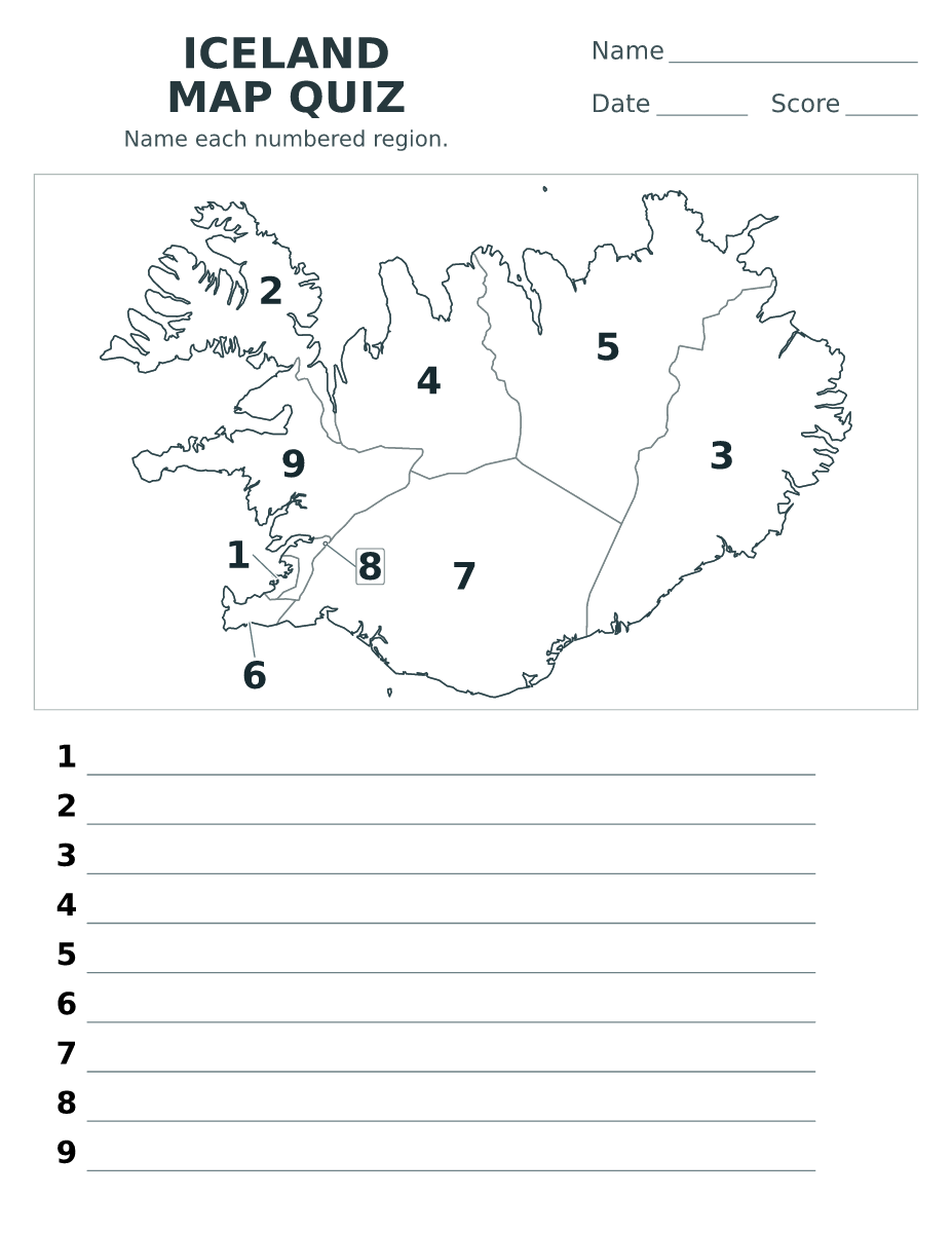 Cuestionario imprimible del mapa de Iceland con 9 regiones numeradas.