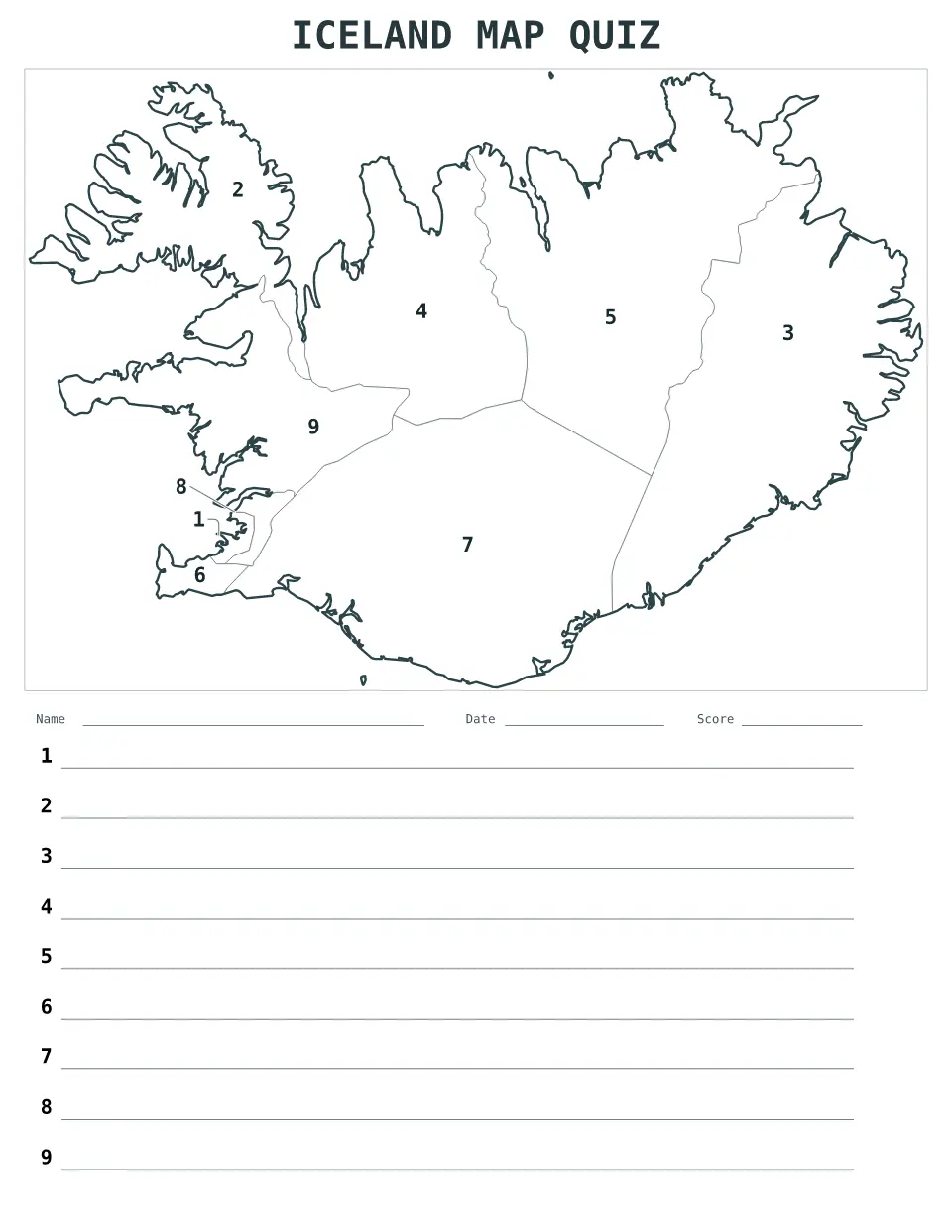 Iceland Numbered quiz map preview