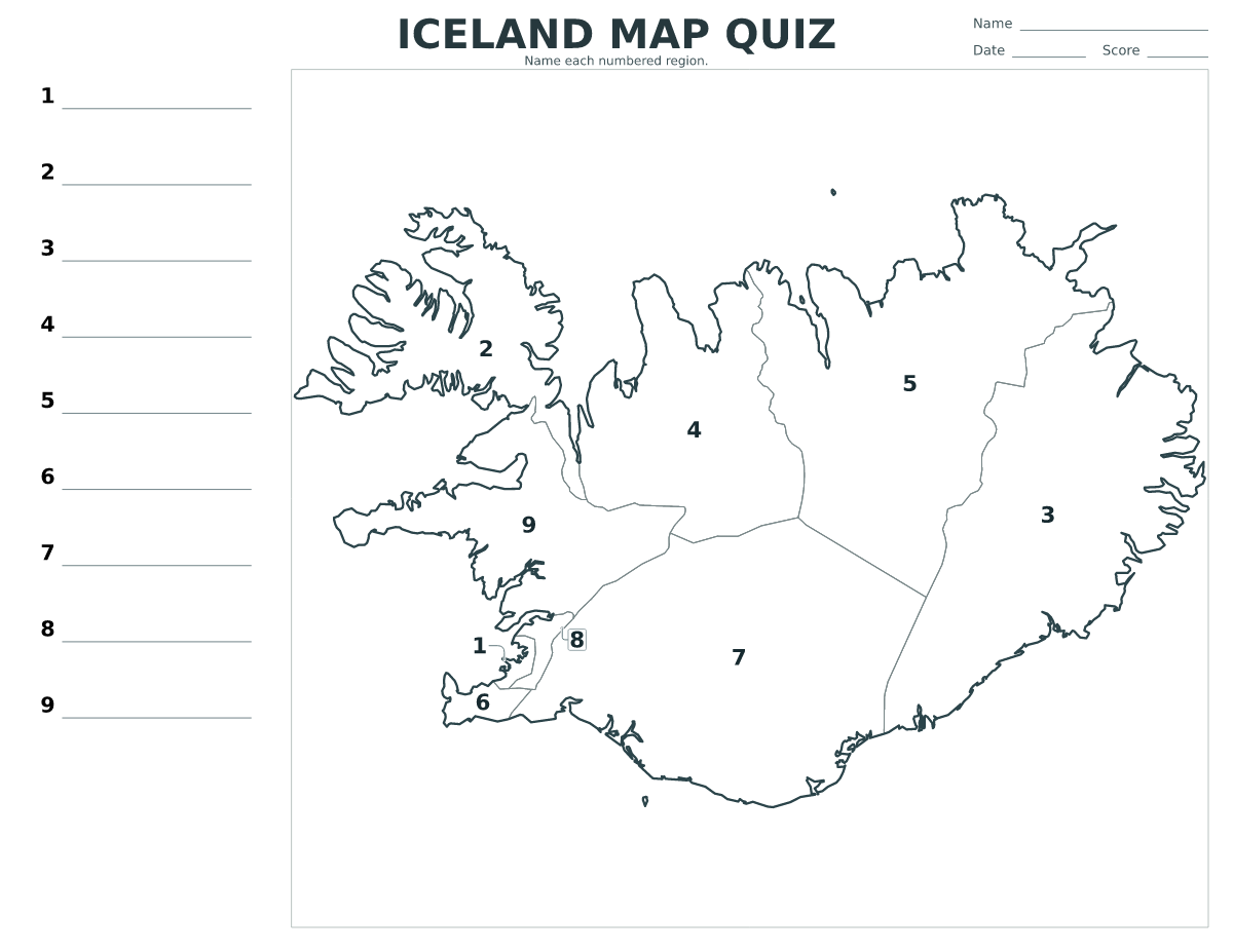 Quiz cartographique imprimable pour Iceland avec 9 régions numérotées.